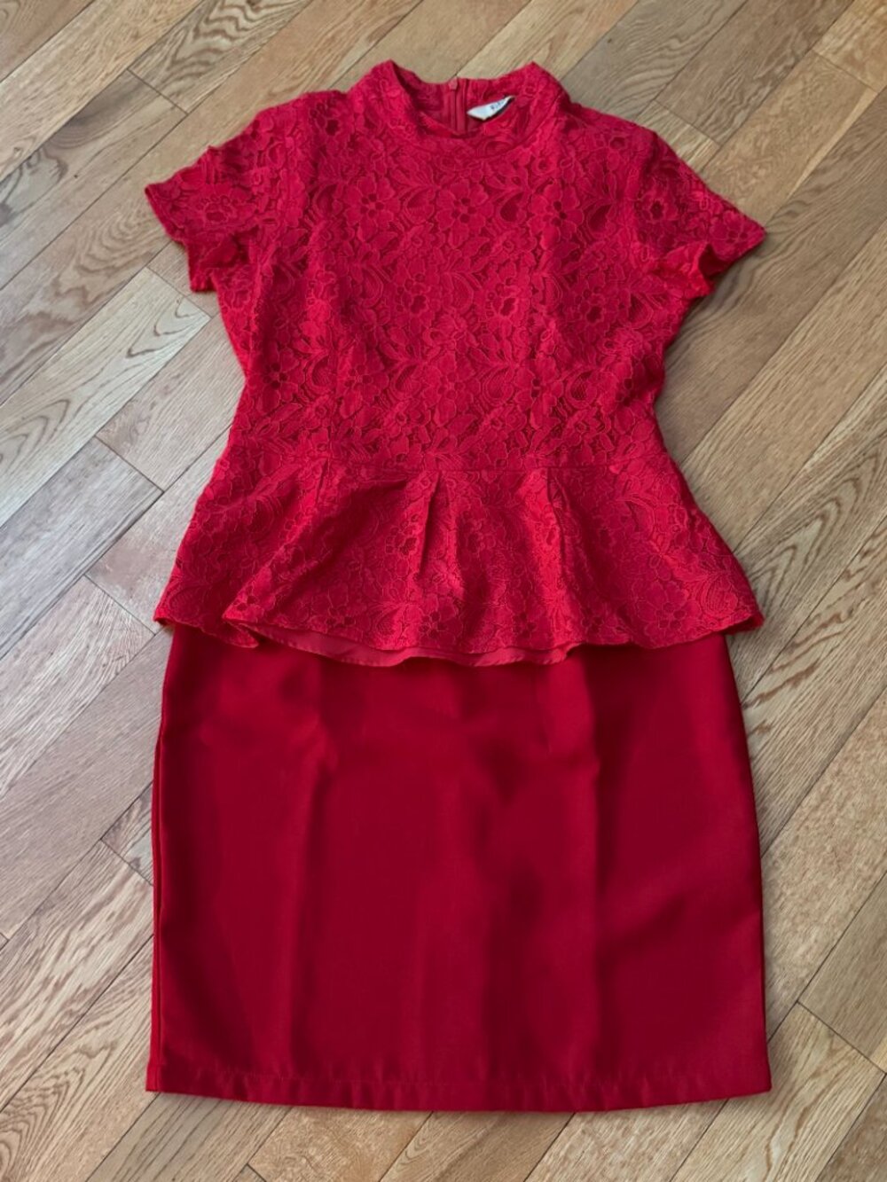 B.L.F Womens Lace Floral Peplum Red Cheongsam Dress Skirt L